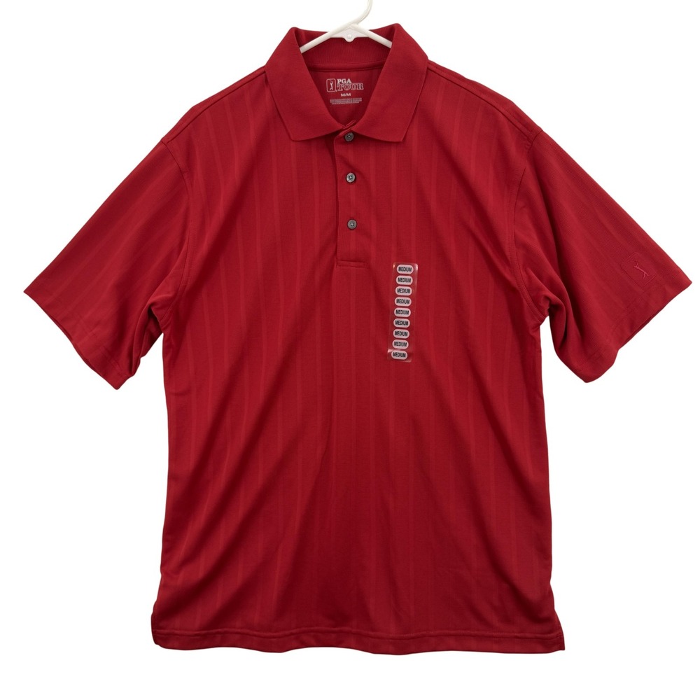 PGA TOUR DRY Polo‎ Shirt Mens Medium Red Golf Moisture Wicking Tonal Stripe NWT